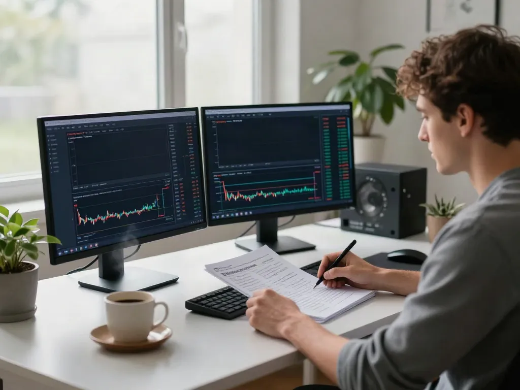Focused trader analyzing data on TradingView in a modern home office setting.