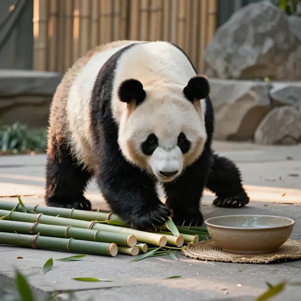 Adult panda selects bamboo on a pale stone terrace beside a straw mat and water bowl.