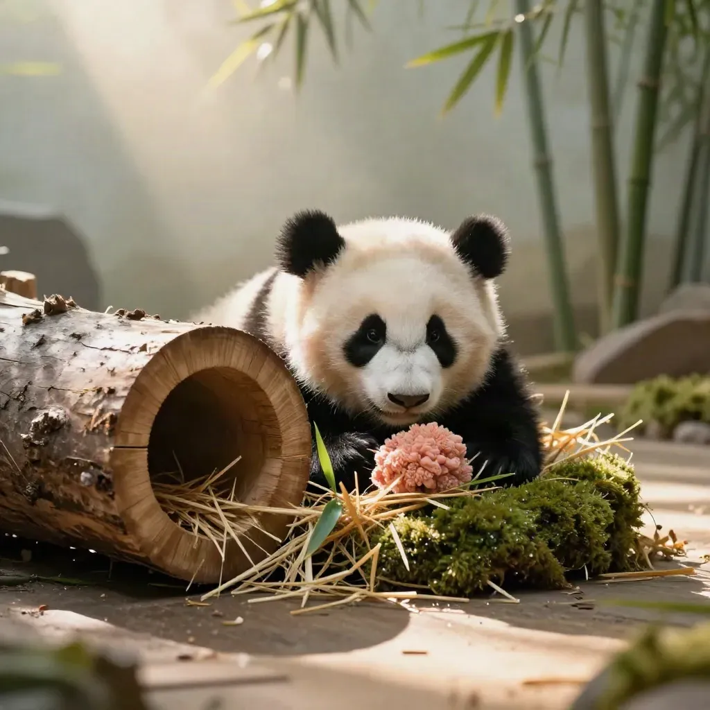 Panda cub peeking from a hollow log beside a straw nest and moss in warm nursery light.