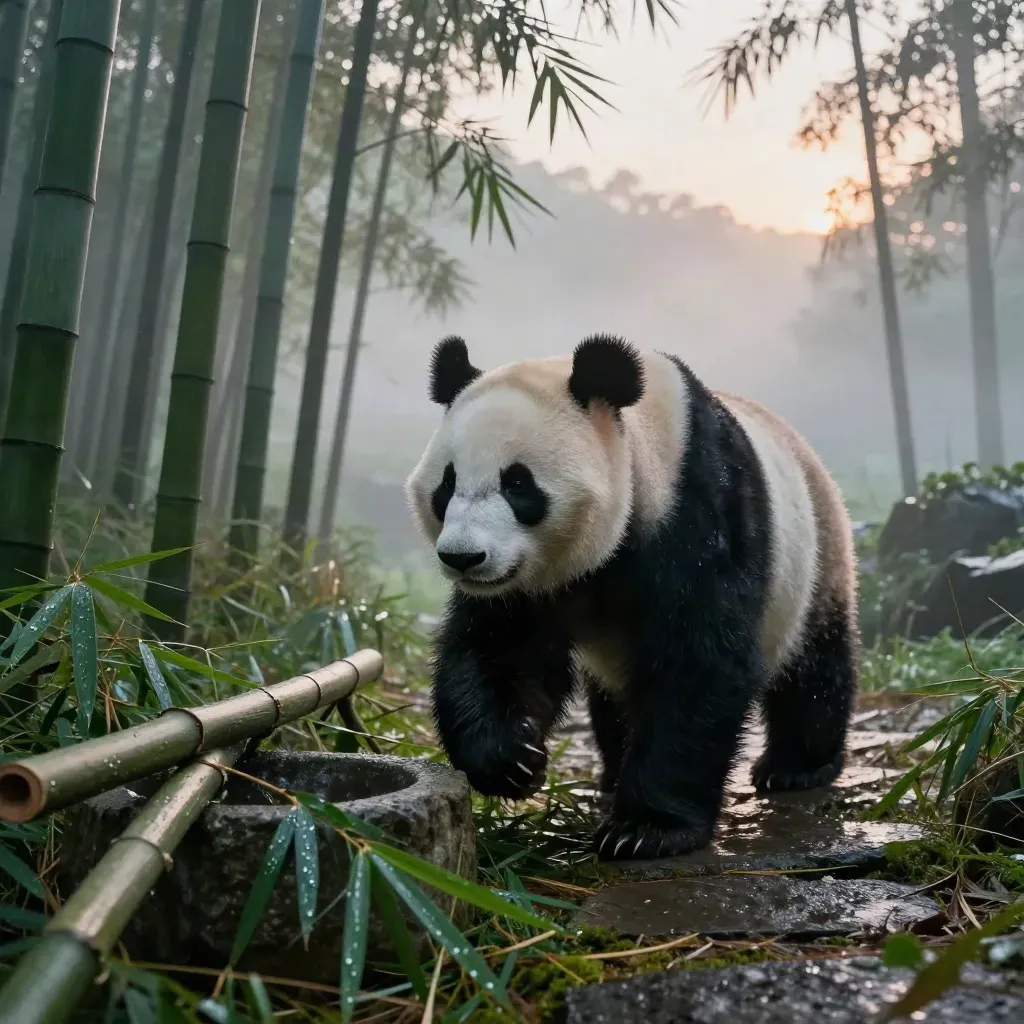 Adult panda pauses in misty bamboo grove at dawn beside fallen culms and a stone basin.