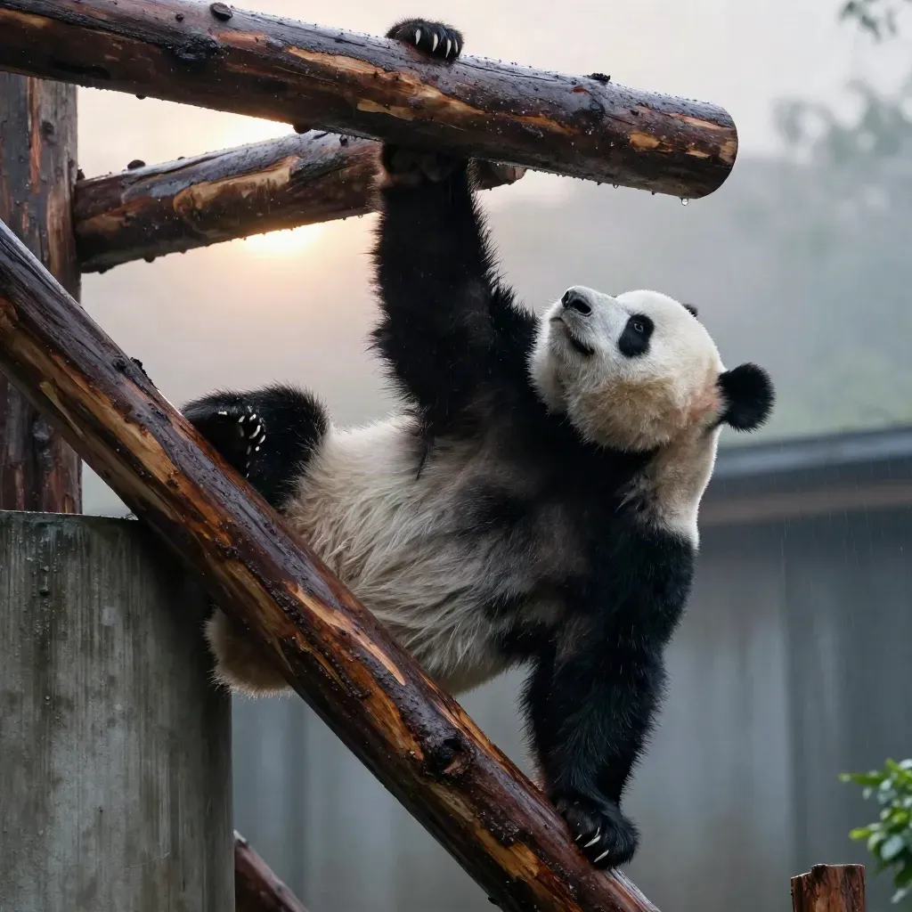 Adult panda climbing a wet timber structure at dusk, paw hooked over a beam.