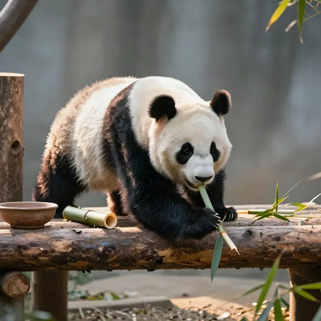 Subadult panda pulls bamboo beside a clay dish and climbing post