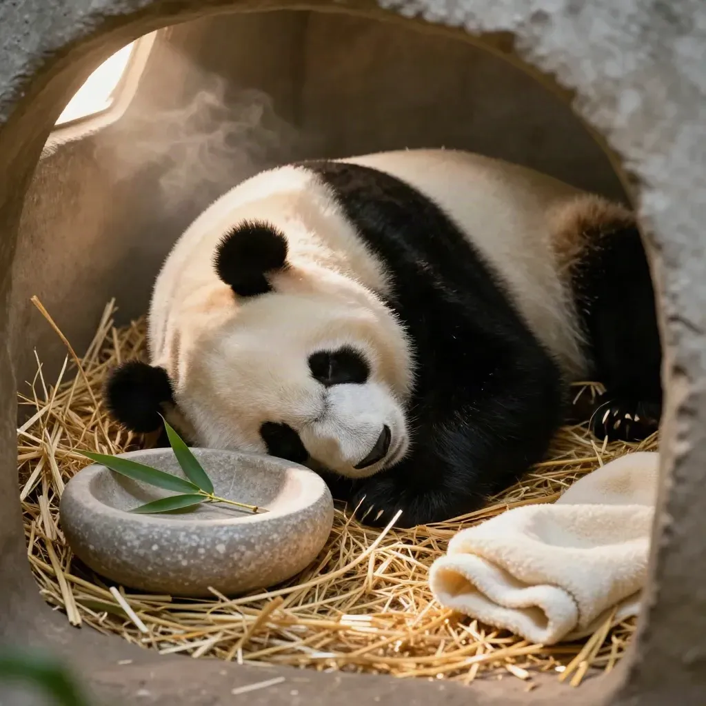Sleeping panda curled in a straw den beside a stone bowl and bamboo leaves.