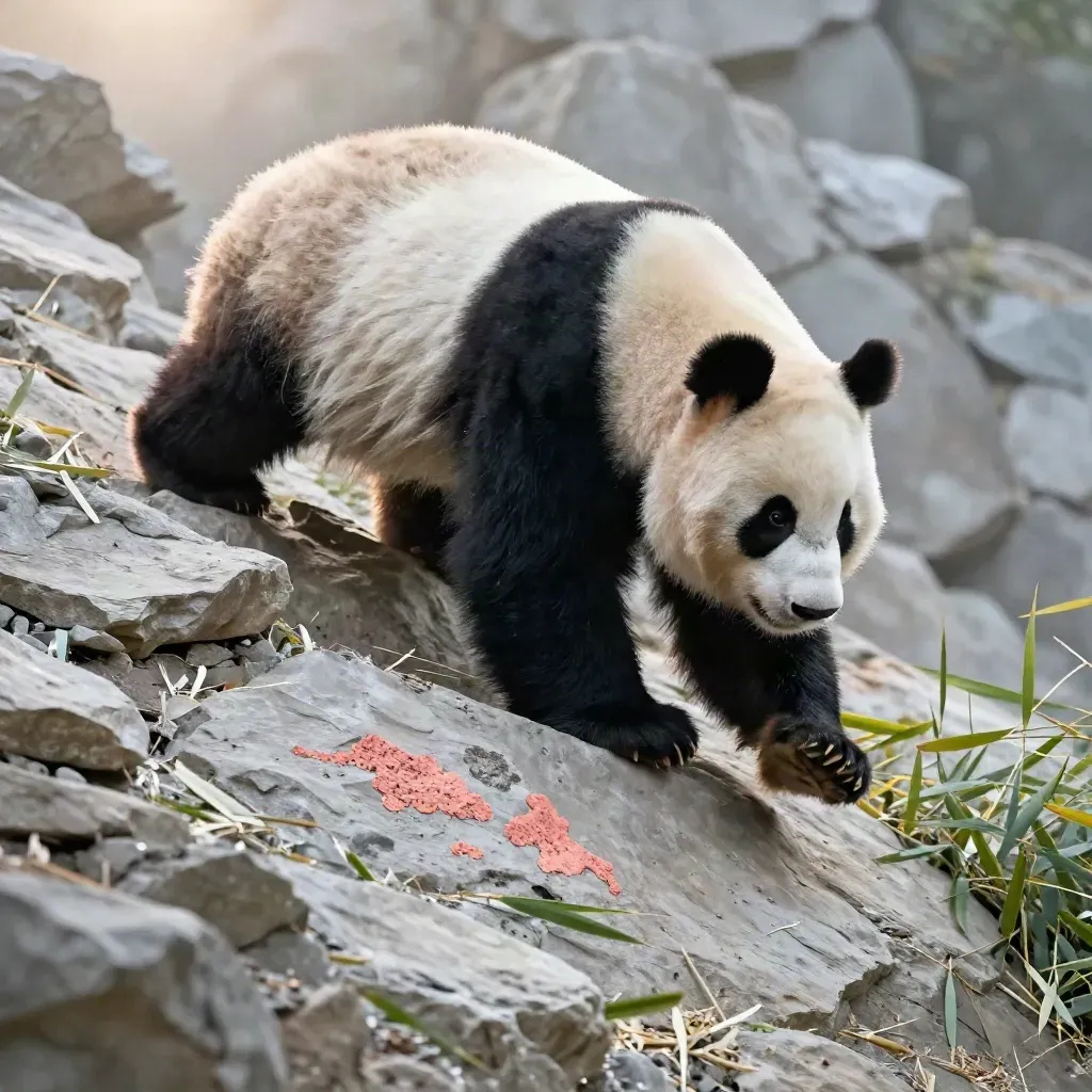 Adult panda stepping down a pale rock slope among sparse bamboo.