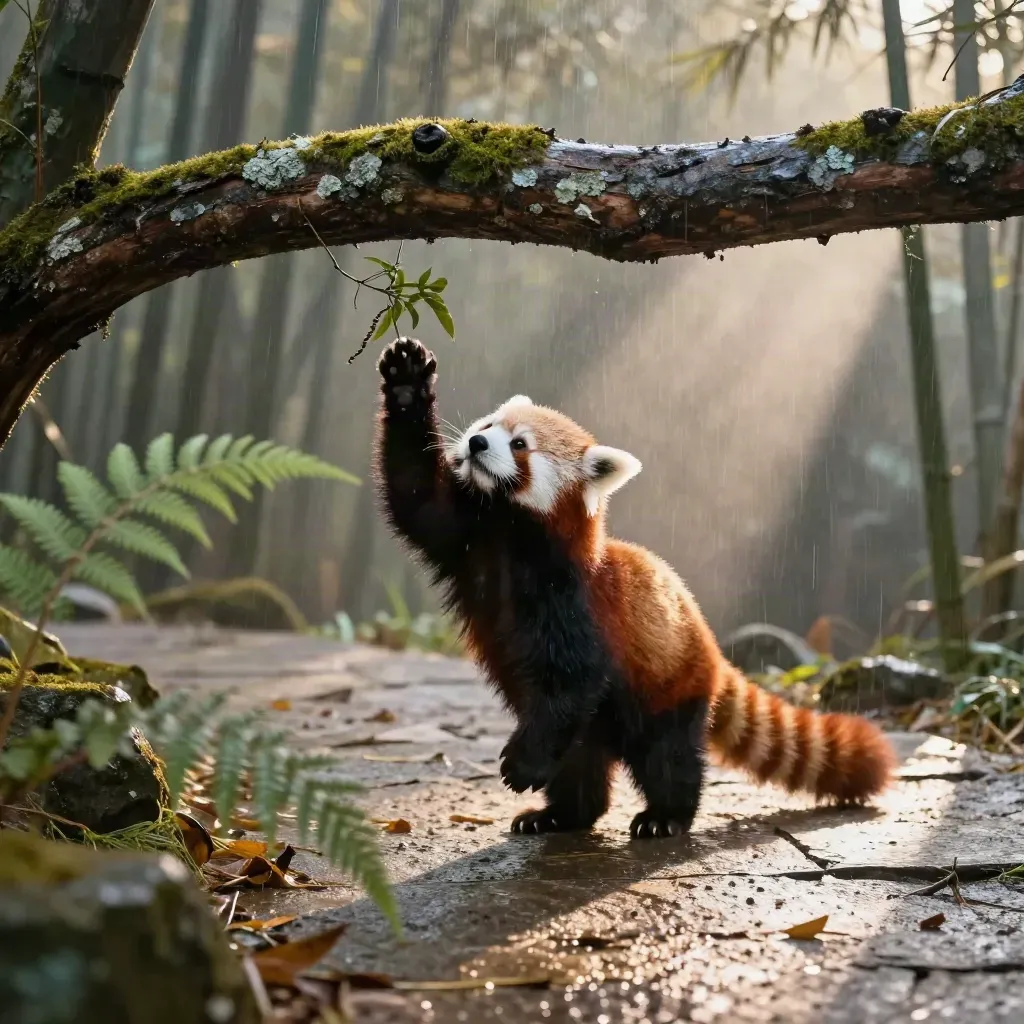 Red panda reaches for leaves on a mossy branch above a stone path in misty drizzle.