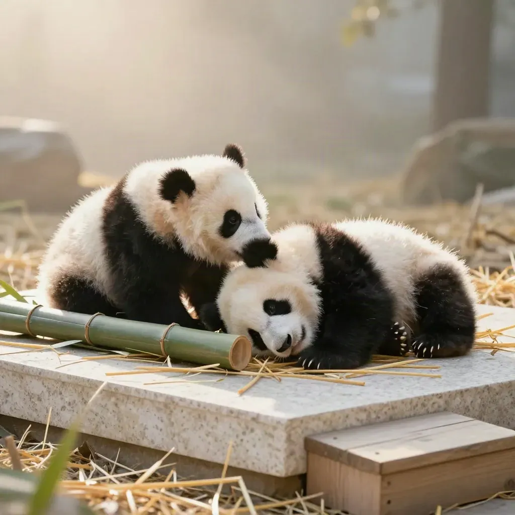 Two panda cubs play on stone beside straw and bamboo, one nosing the other's ear.
