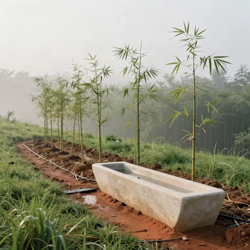 Restored bamboo saplings beside a stone trough in misty reserve light.