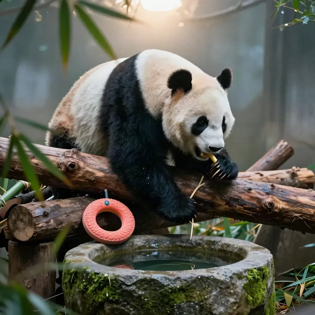Adult panda mid-yawn on a climbing log above a stone basin in a damp enclosure.