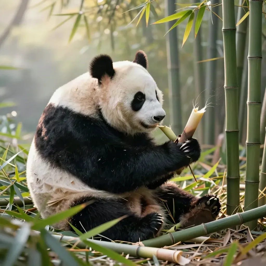 Side-profile giant panda pulling a tender bamboo shoot in a mixed bamboo patch