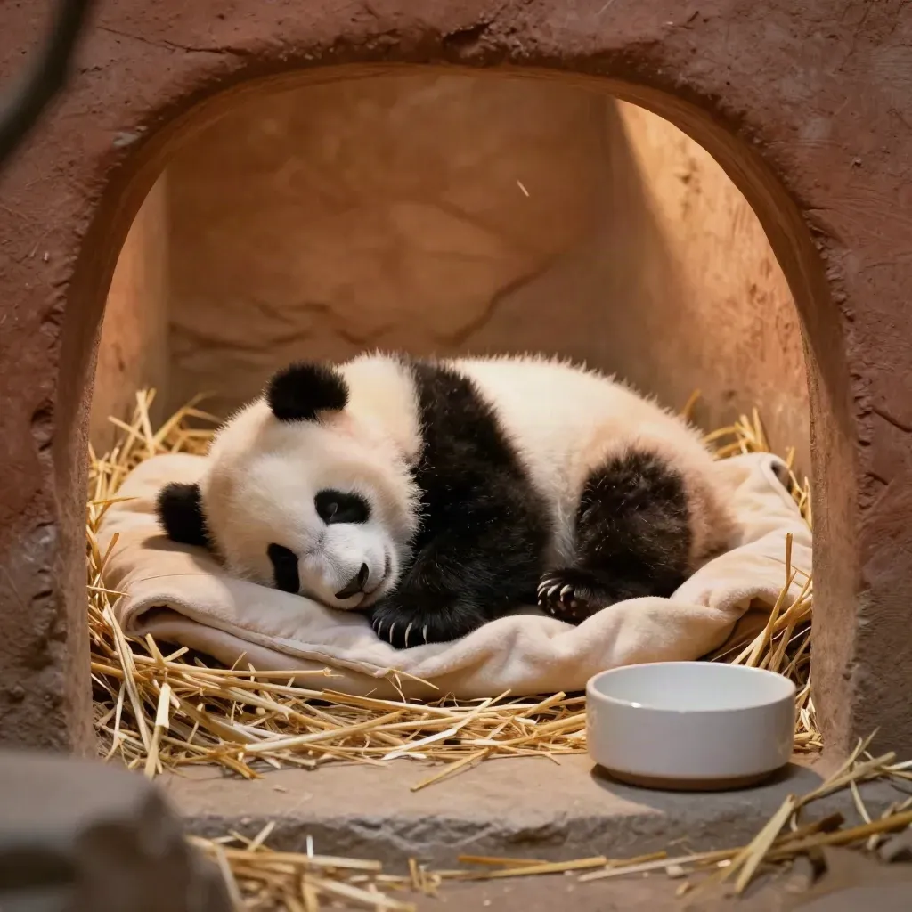 Sleeping newborn panda cub in a straw nest with a bowl outside the den opening.