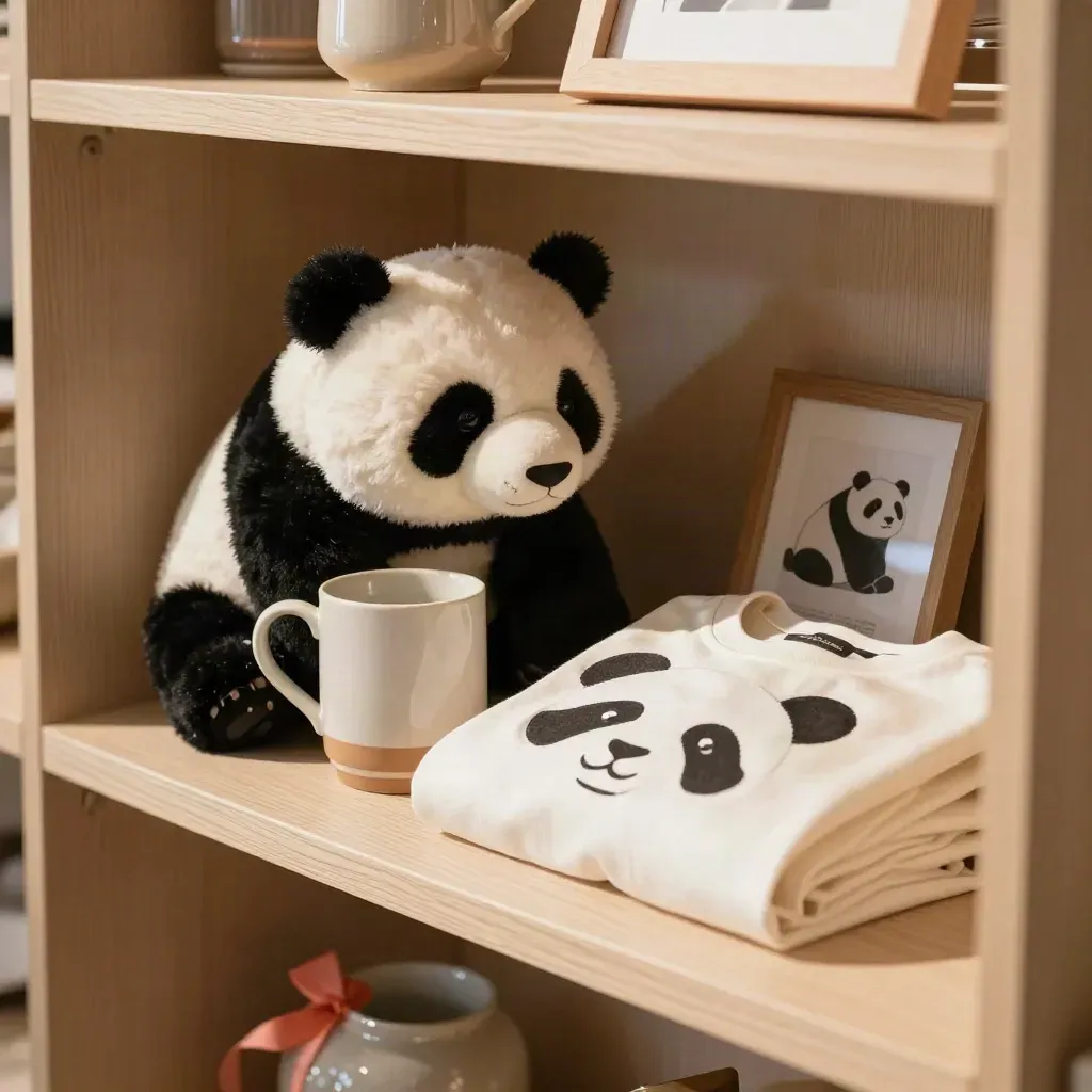 Panda plush, mug, folded tee and turned print on a pale wood gift shelf.