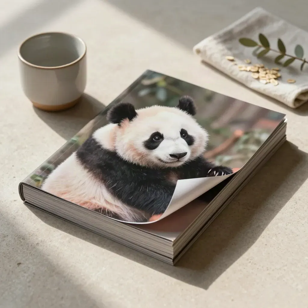 Glossy panda photo prints, ceramic cup, folded cloth, and greenery on pale stone.