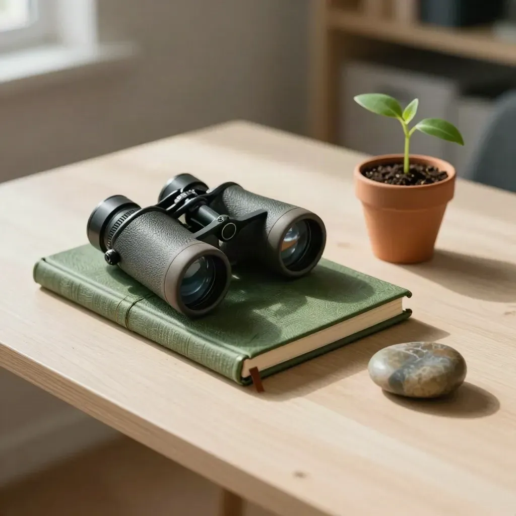 Closed field notebook, binoculars, seedling pot and stone paperweight on a pale desk.