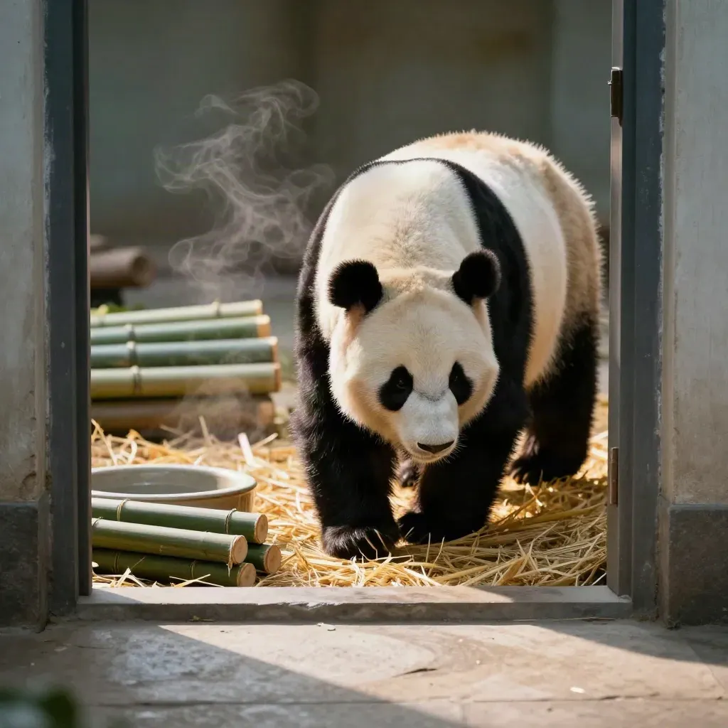 Adult panda lowers its head as it enters a clean den beside bamboo, straw mat and a water basin.