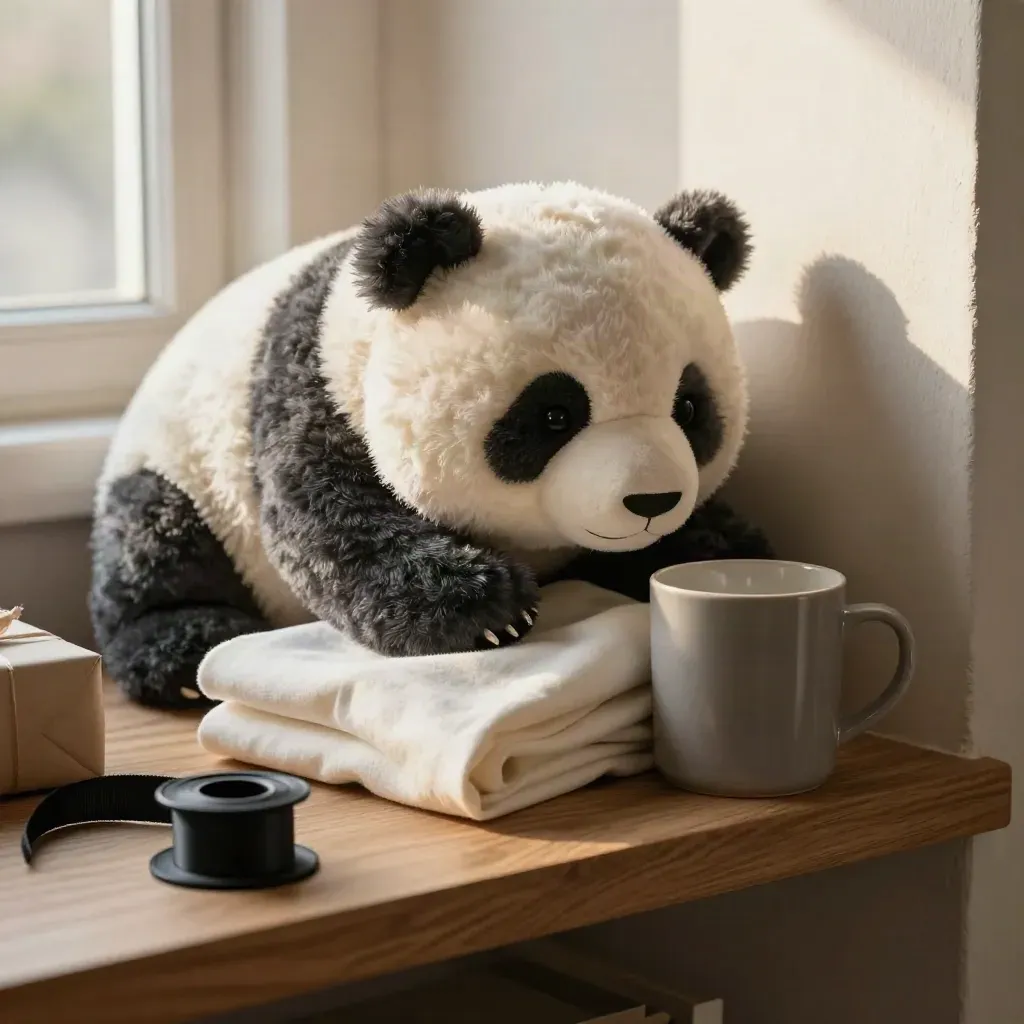 Panda plush with folded tee, mug, and ribbon spool on a warm shelf ledge.