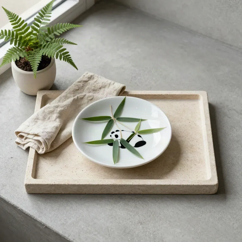 Top-down ceramic bamboo dish on stone tray with linen cloth and tiny fern, in soft light.