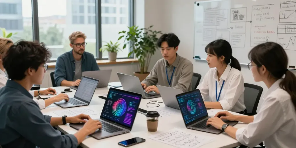 Enterprise AI team collaborating on model development in a modern workspace.