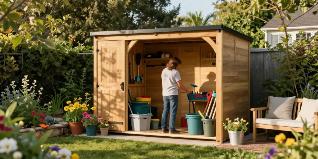 Garden Storage Solutions in a stylish wooden shed amidst vibrant greenery.
